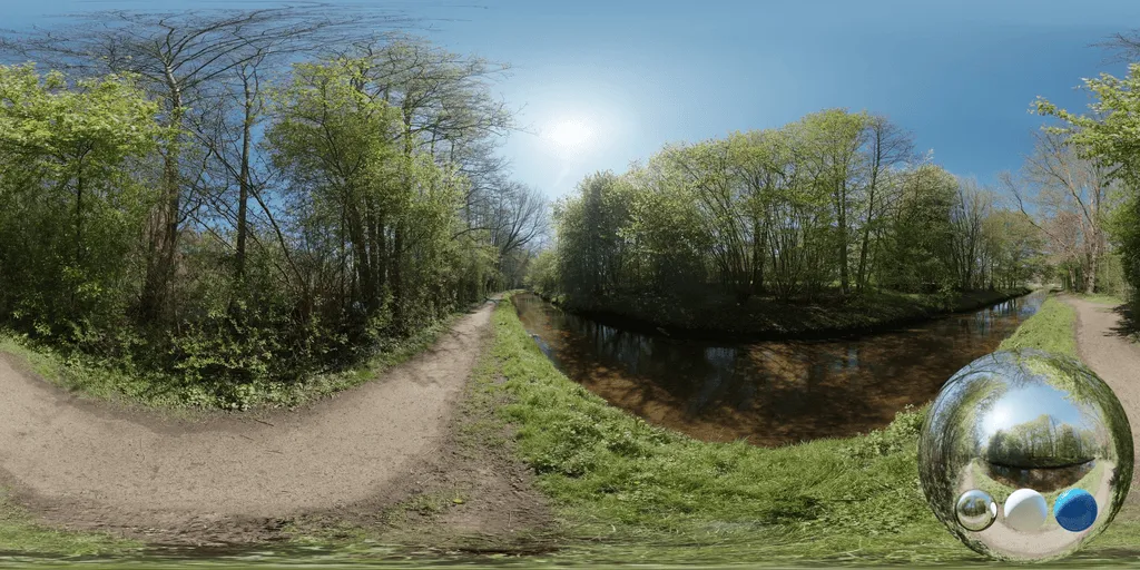 A sunny riverside path hdri showing a narrow calm waterway, dirt trails, green banks, leafy trees, and a clear blue sky.