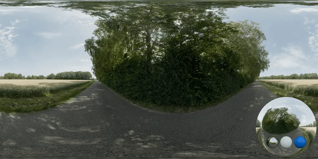 A road hedgerow rural hdri showing a route and its surrounding environment with balanced natural light for environment lighting and 3D rendering.