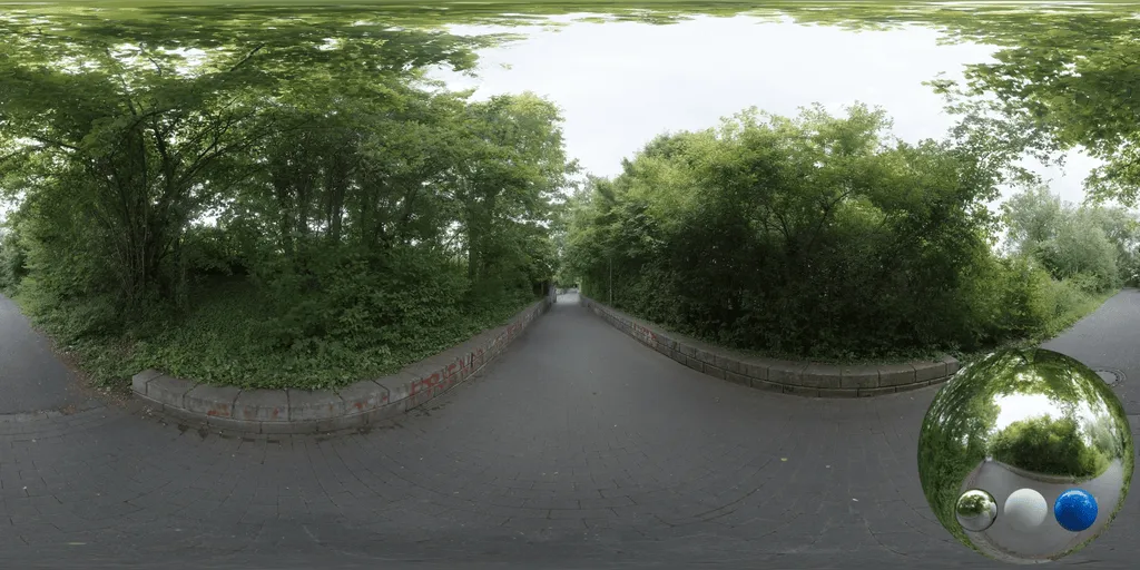 A road wooded asphalt hdri showing a route and its surrounding environment with balanced natural light for environment lighting and 3D rendering.
