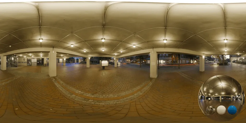 A station lit interior hdri showing a transport hall interior with bright balanced light for environment lighting and 3D rendering.