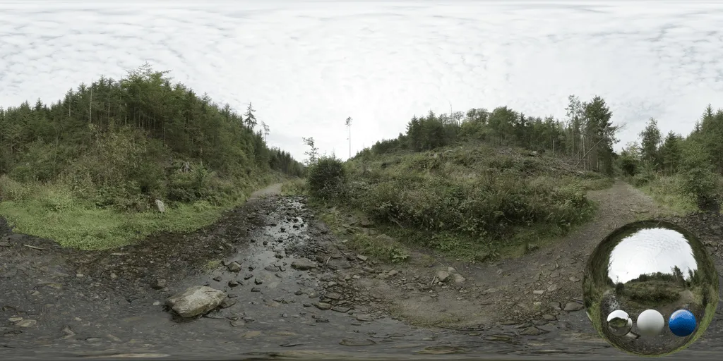 A stream rocky valley hdri showing a water edge and surrounding landscape with balanced natural light for environment lighting and 3D rendering.