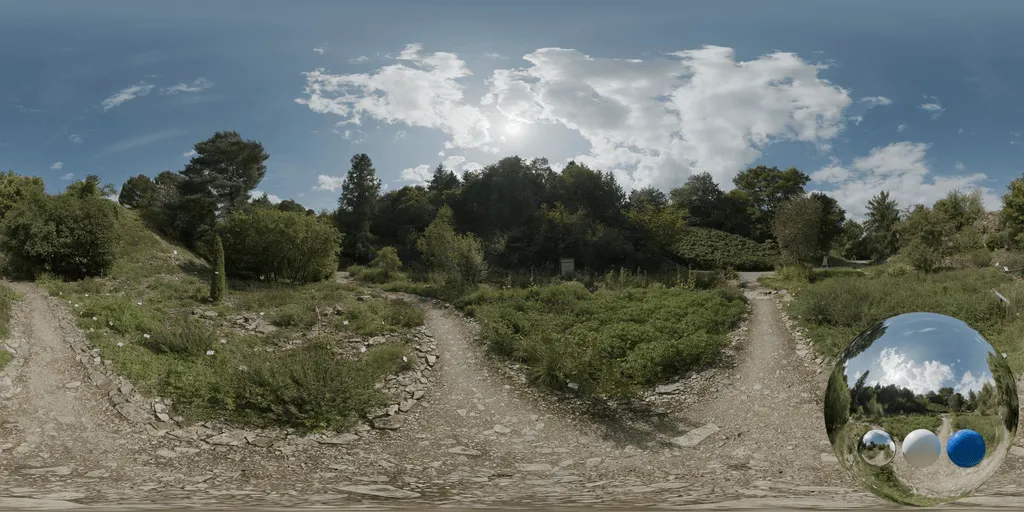 A trail rocky shrubs hdri showing a route and its surrounding environment with balanced natural light for environment lighting and 3D rendering.