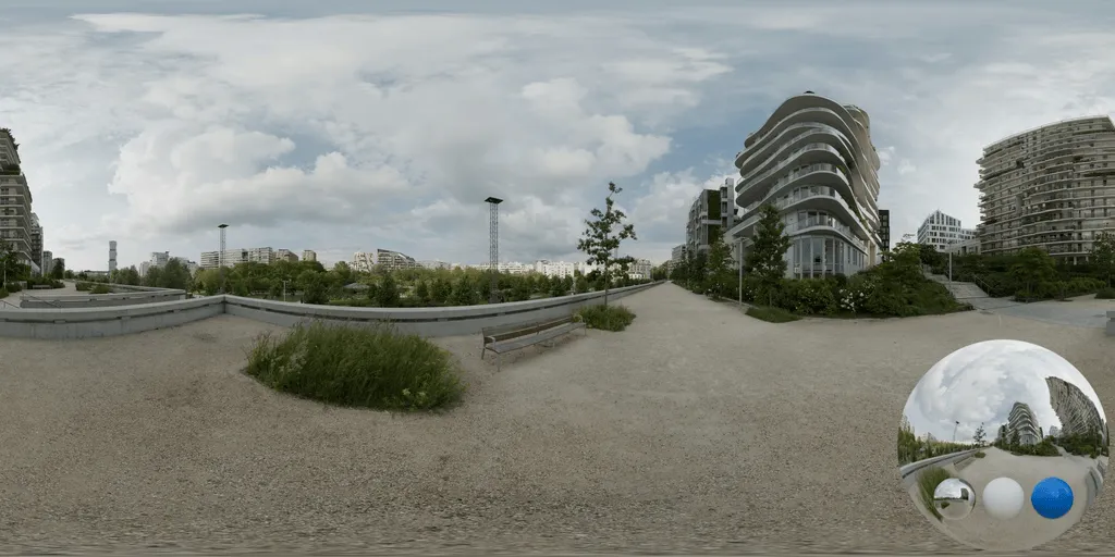 A urban modern apartments hdri showing an urban public environment with balanced natural light for environment lighting and 3D rendering.