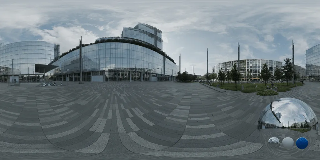 A urban modern plaza hdri showing an urban public environment with balanced natural light for environment lighting and 3D rendering.