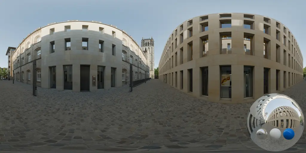 A urban stone courtyard hdri showing an architectural exterior and grounds with balanced natural light for environment lighting and 3D rendering.